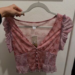 Urban Outfitters Pink Floral Ruffle Blouse